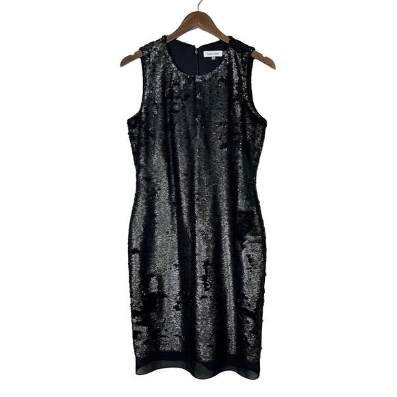 Calvin Klein | Black Sequin Sleeveless Knee Length Sheath Cocktail Dress - Picture 3 of 11